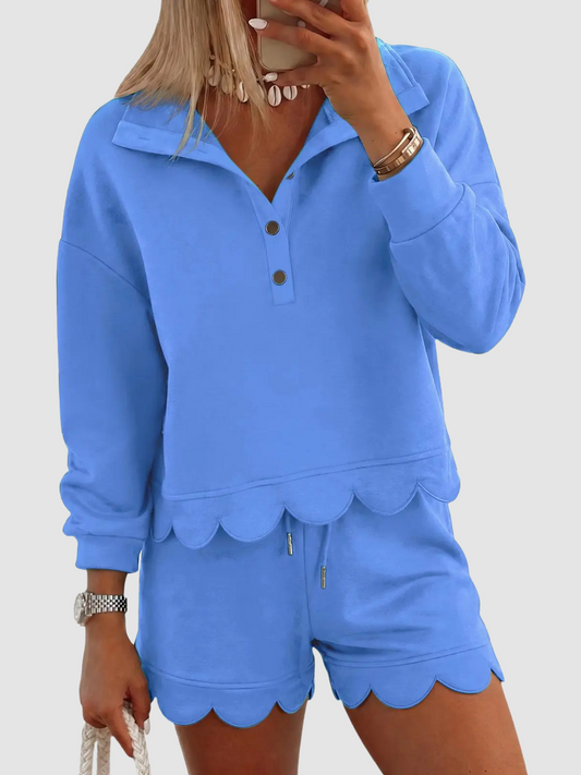 Limited time sale🔥Women Scalloped Hem Half Button Polo Two Piece Set
