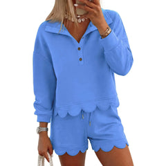 ⏰Hot Sale-Women Scalloped Hem Half Button Polo Two Piece Set