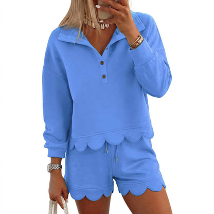 Women Scalloped Hem Half Button Polo Long Sleeve Top & Drawstring Shorts Two Piece Set