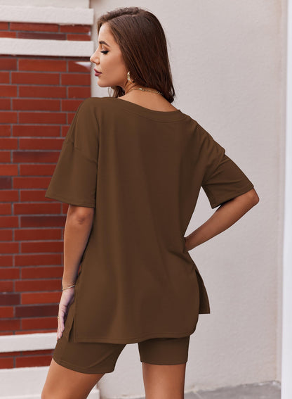 Womens Reversible Oversized V Neck T-Shirts Tops Biker Shorts Set