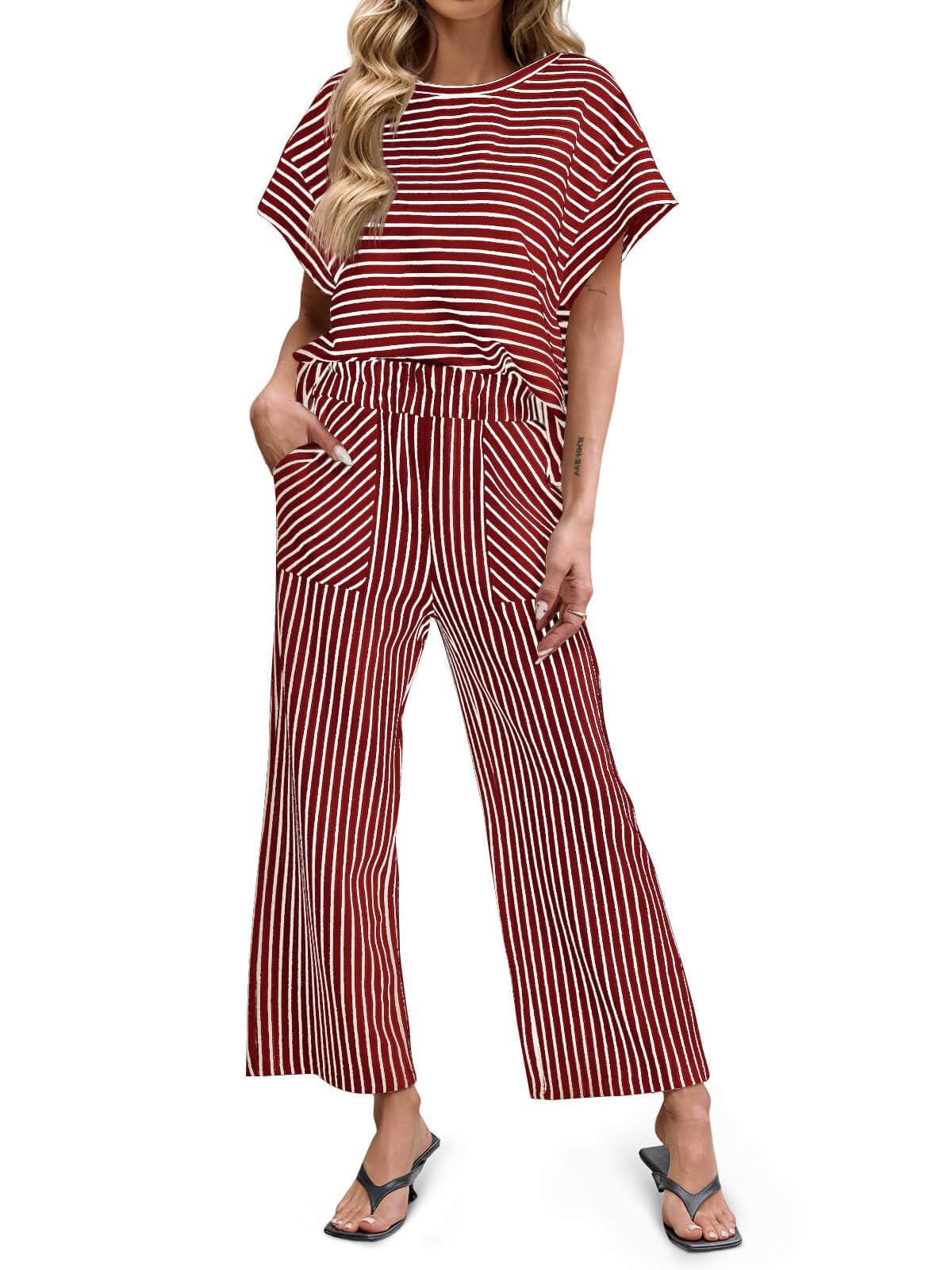 ⏰Hot Sale-Womens Striped 2 Piece Sets Short Sleeve T Shirts Wide Leg Pants with Pockets