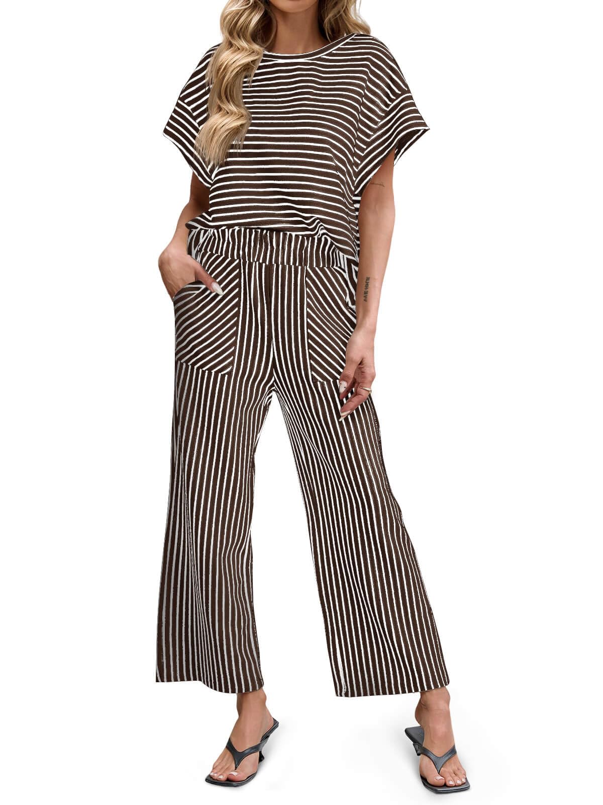 ⏰Hot Sale-Womens Striped 2 Piece Sets Short Sleeve T Shirts Wide Leg Pants with Pockets