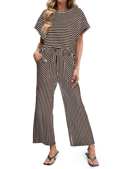 ⏰Hot Sale-Womens Striped 2 Piece Sets Short Sleeve T Shirts Wide Leg Pants with Pockets