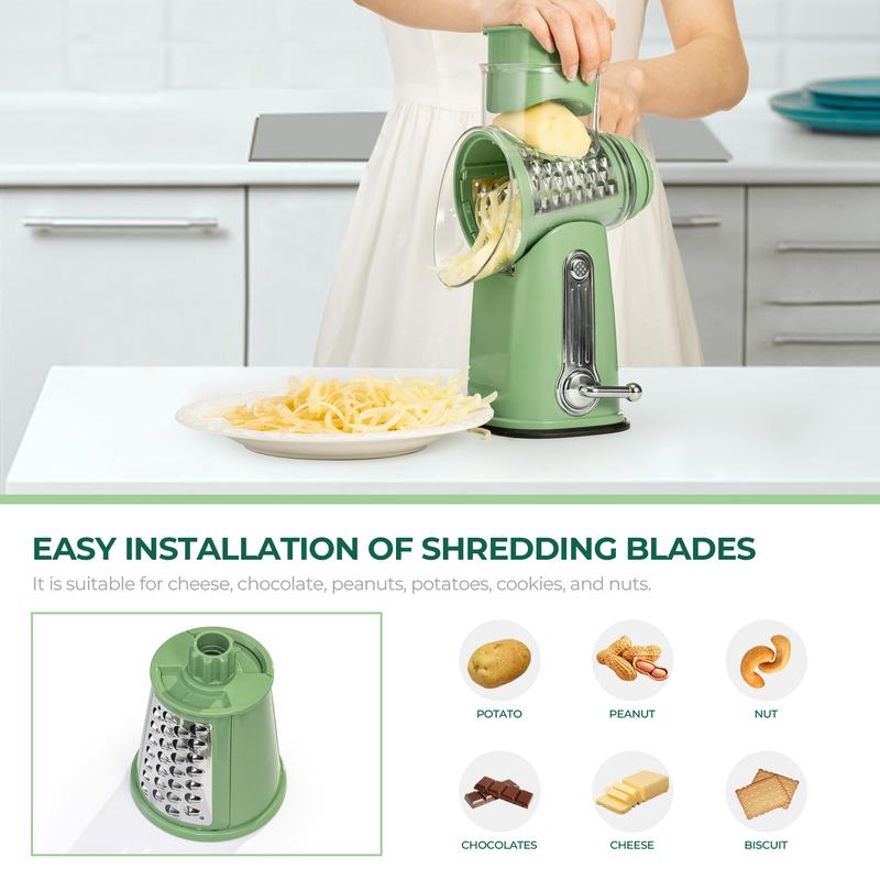 SUSTEAS Rotary Cheese Grater with 5 Blades & Suction Base