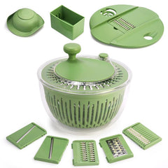 PUKOMC 5-in-1 Large Salad Spinner, with vegetable cutter, colander, bowl, and strainer.
