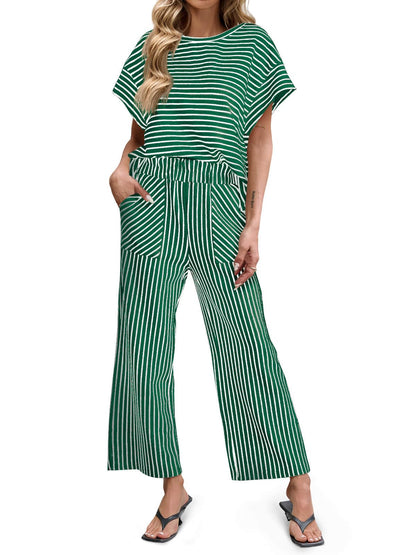 ⏰Hot Sale-Womens Striped 2 Piece Sets Short Sleeve T Shirts Wide Leg Pants with Pockets