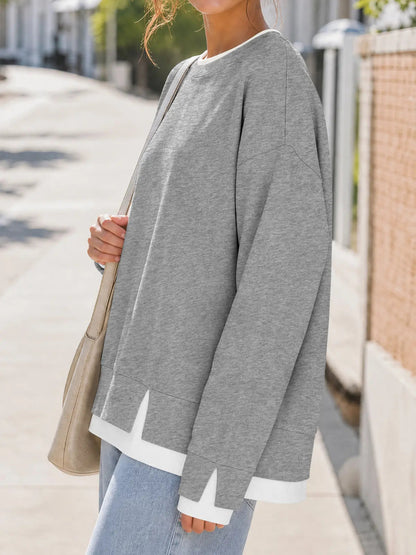 ⏰Hot Sale-Women's Crew Neck Fake Two Piece Layered Sweatshirt