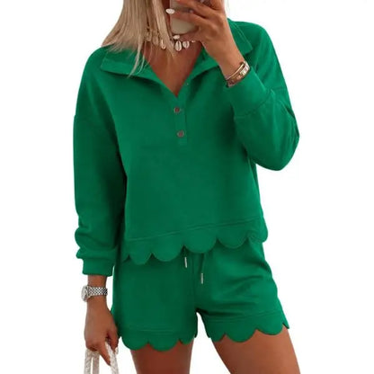 ⏰Hot Sale-Women Scalloped Hem Half Button Polo Two Piece Set