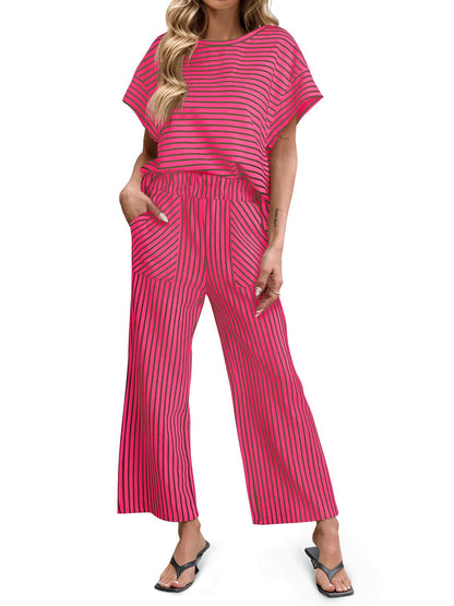 ⏰Hot Sale-Womens Striped 2 Piece Sets Short Sleeve T Shirts Wide Leg Pants with Pockets