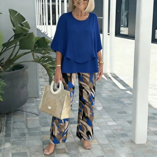 Women's Solid Chiffon Top & Printed Pants Set