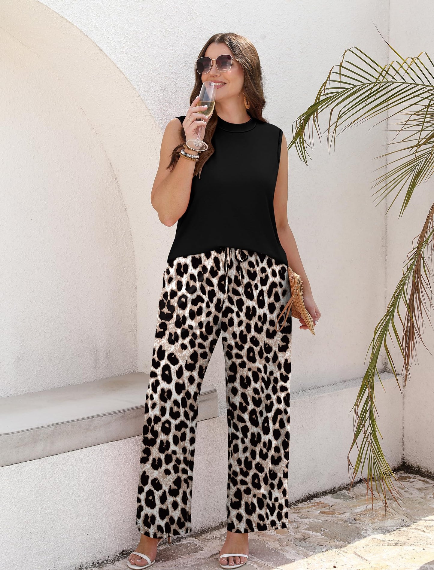 ⏰Hot Sale-Women Summer Spring Outfits Mock Neck Wide Leg Pants Two Piece Set