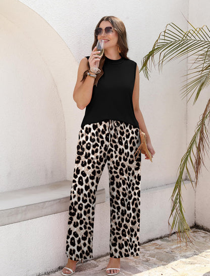 ⏰Hot Sale-Women Summer Spring Outfits Mock Neck Wide Leg Pants Two Piece Set