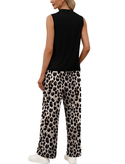 ⏰Hot Sale-Women Summer Spring Outfits Mock Neck Wide Leg Pants Two Piece Set