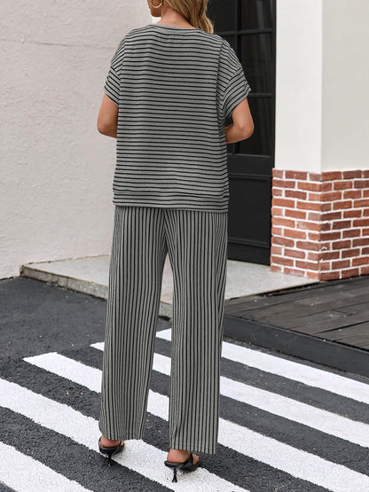 ⏰Hot Sale-Womens Striped 2 Piece Sets Short Sleeve T Shirts Wide Leg Pants with Pockets