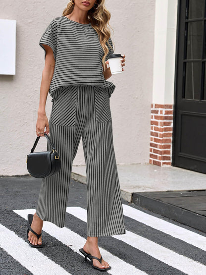 ⏰Hot Sale-Womens Striped 2 Piece Sets Short Sleeve T Shirts Wide Leg Pants with Pockets