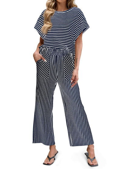 ⏰Hot Sale-Womens Striped 2 Piece Sets Short Sleeve T Shirts Wide Leg Pants with Pockets