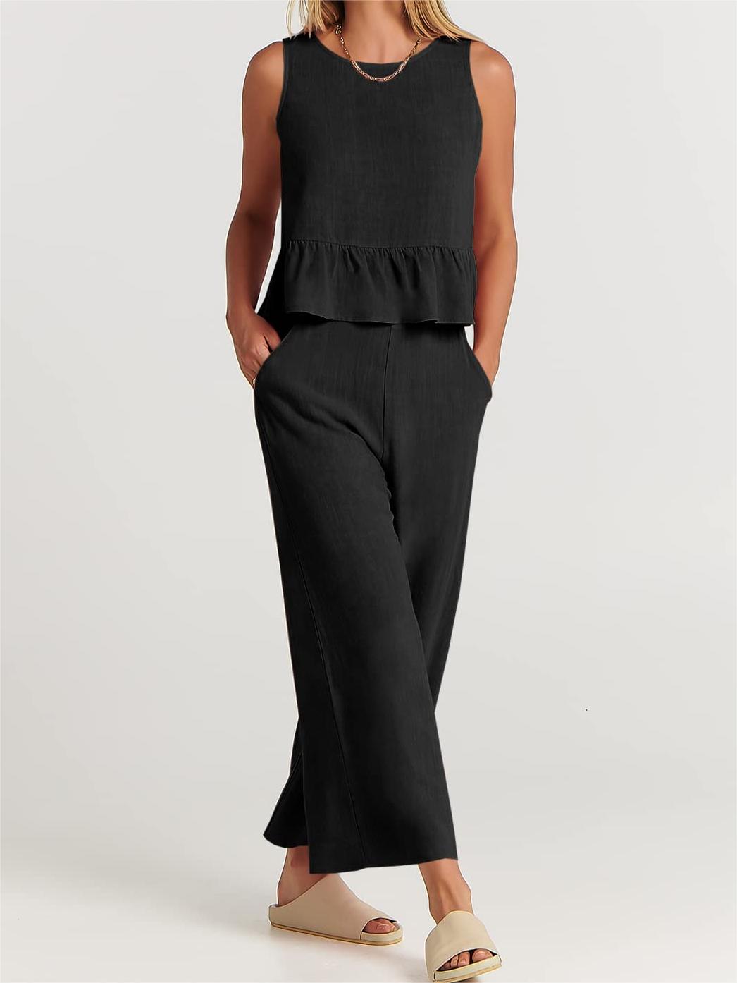 Limited time sale🔥Women 2 Piece Outfits Tank Crop Top Wide Leg Pants Lounge Matching Sets