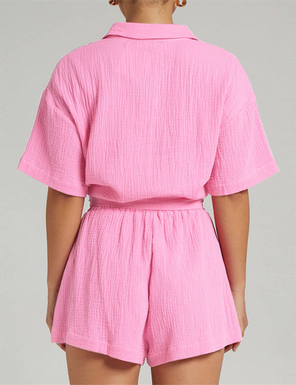 Women's 2 Piece Button Down Shirt and Shorts Set