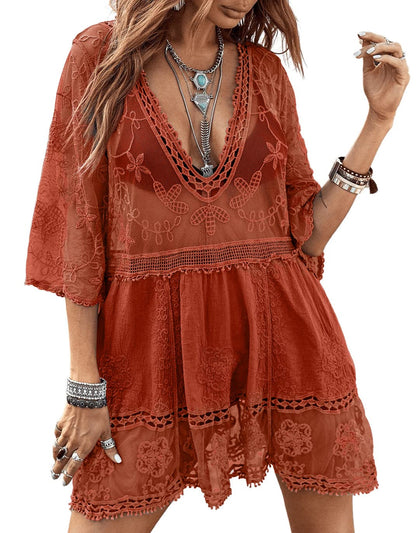 Women's Contrast Lace Bathing Suit Cover Up V-Neck Swimsuit Coverups