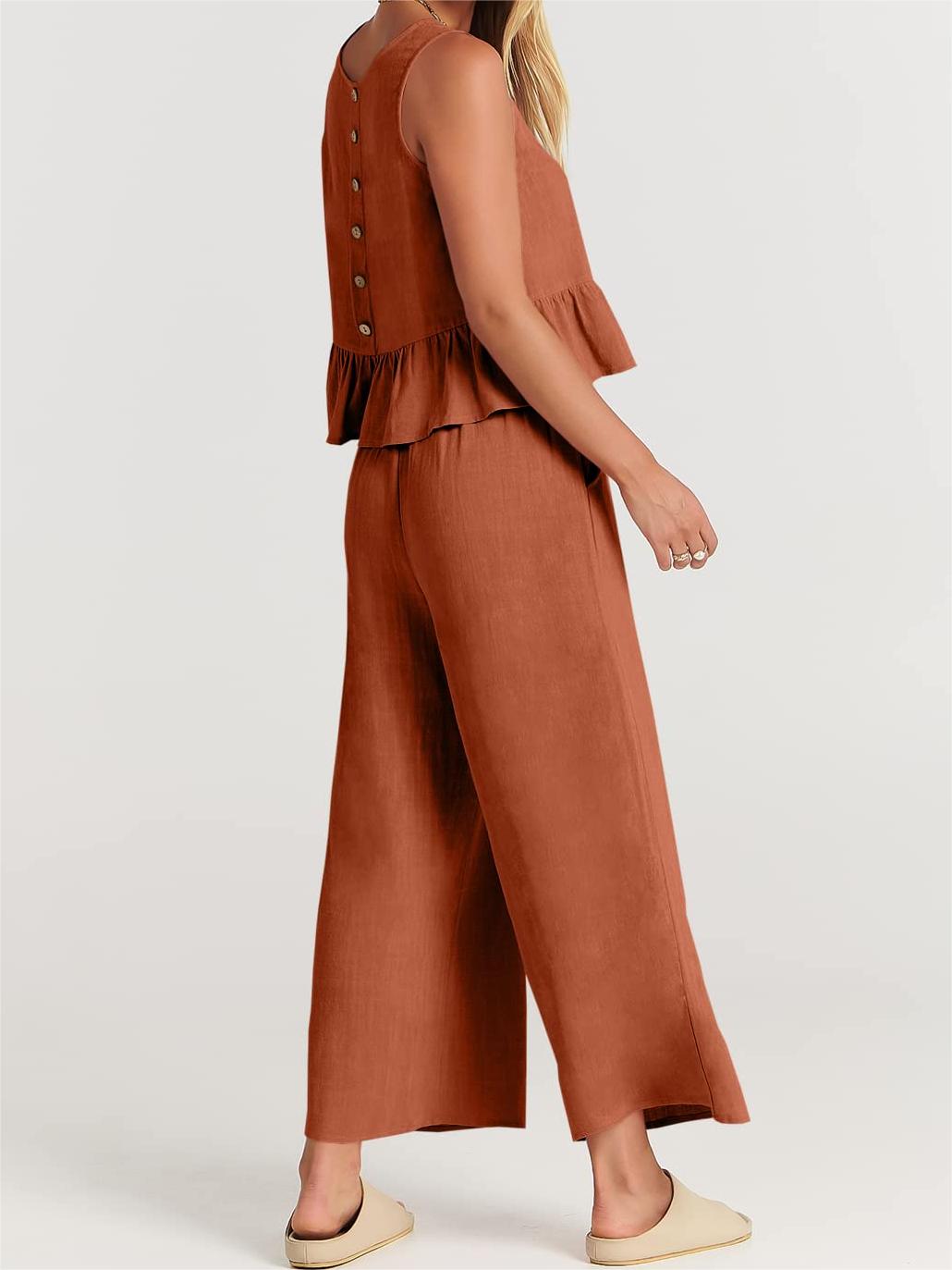 Limited time sale🔥Women 2 Piece Outfits Tank Crop Top Wide Leg Pants Lounge Matching Sets