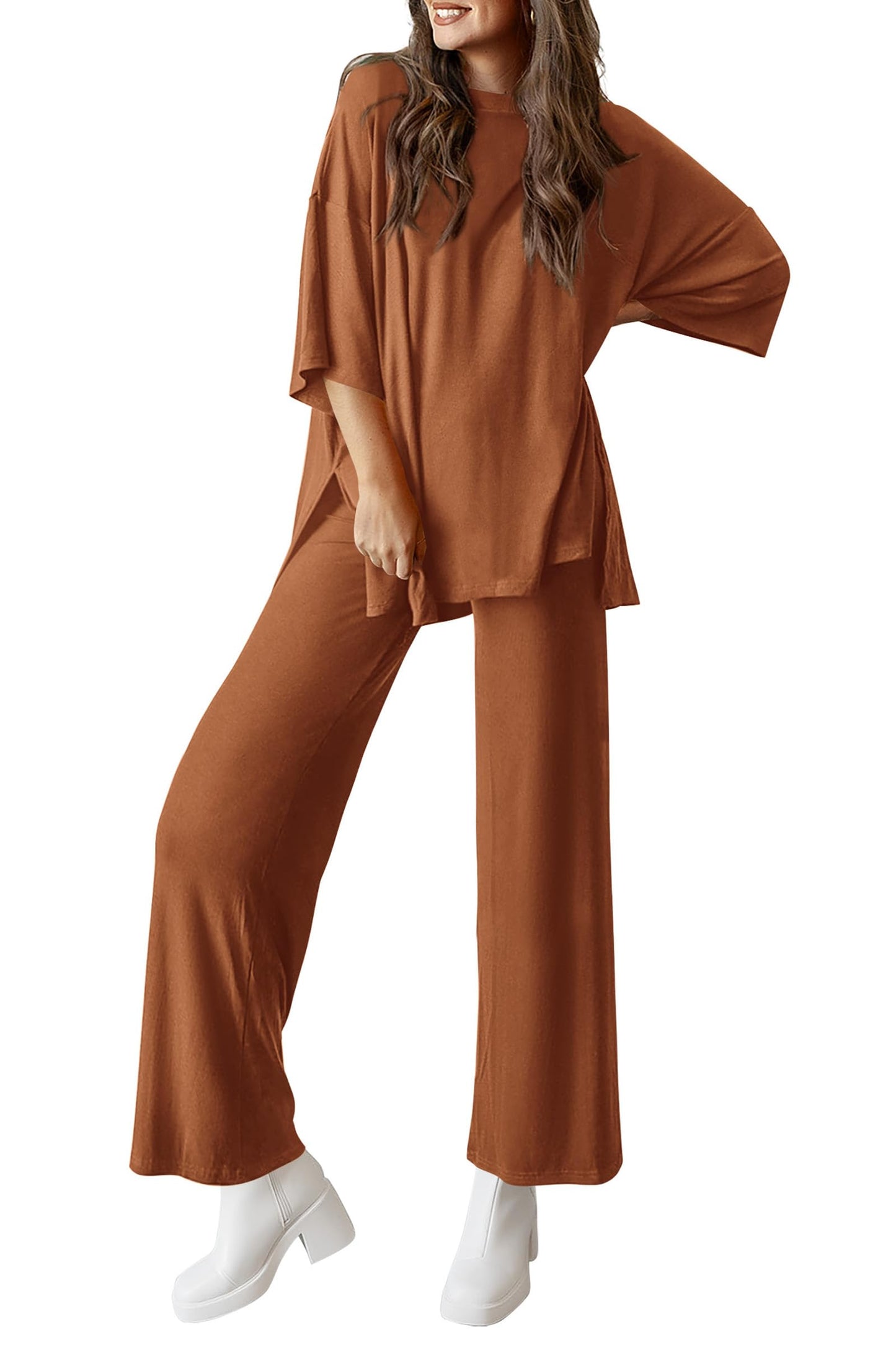Women's 2 Piece Outfits Casual Short Tops and Wide Leg Pants Lounge Sets