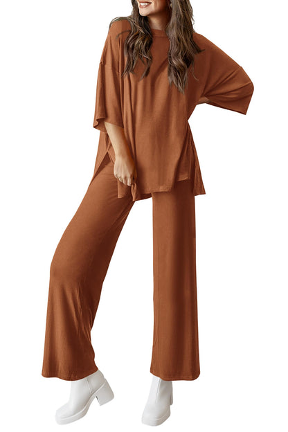 Women's 2 Piece Outfits Casual Short Tops and Wide Leg Pants Lounge Sets