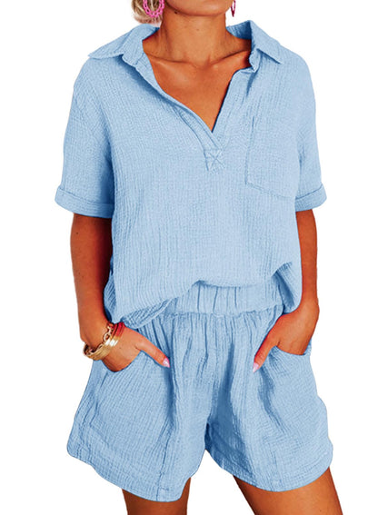✨Women's Two Piece Outfits V Neck Short Sleeve Shirts and High Waist Shorts Lounge Sets