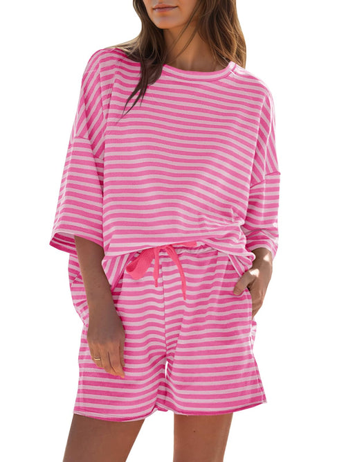 Limited time sale🔥Womens Striped 3/4 Sleeve Oversized Tops High Waisted Shorts Sets