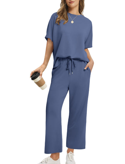 Loose Short Sleeve Top & High Waist Wide Leg Pants 2-Piece Summer Matching Set