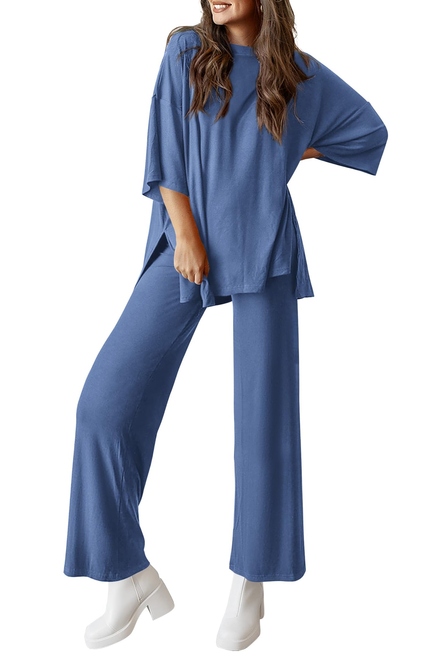 Women's 2 Piece Outfits Casual Short Tops and Wide Leg Pants Lounge Sets