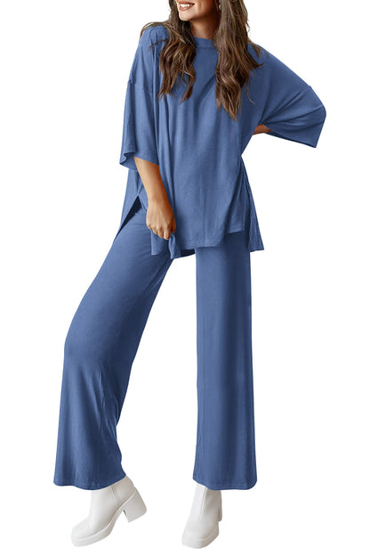 Women's 2 Piece Outfits Casual Short Tops and Wide Leg Pants Lounge Sets