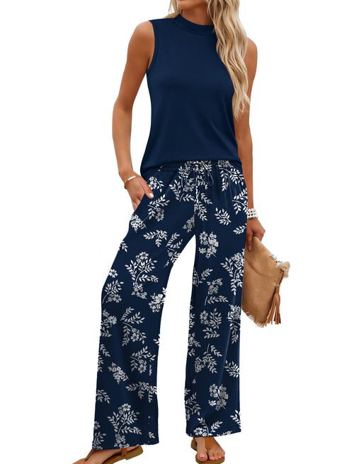 ⏰Hot Sale-Women Summer Spring Outfits Mock Neck Wide Leg Pants Two Piece Set