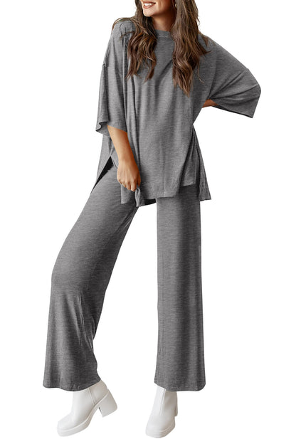 Women's 2 Piece Outfits Casual Short Tops and Wide Leg Pants Lounge Sets