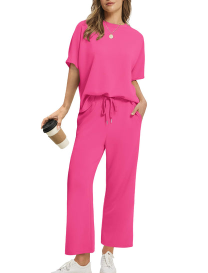 ⏰Hot Sale-Women Oversized Tshirt and Wide Leg Crop Pants 2 Piece Sets