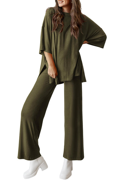 Women's 2 Piece Outfits Casual Short Tops and Wide Leg Pants Lounge Sets