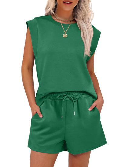 New Women's Cap Sleeve Crewneck Tops and Drawstring Short Outfits Two Piece Sets