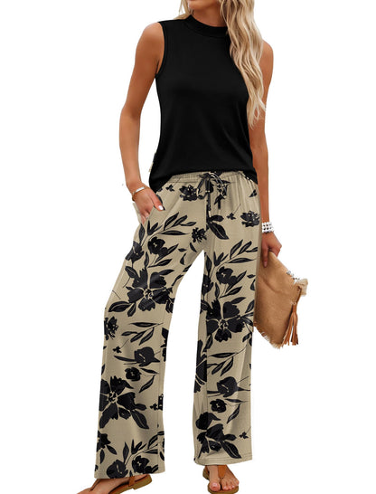 ⏰Hot Sale-Women Summer Spring Outfits Mock Neck Wide Leg Pants Two Piece Set