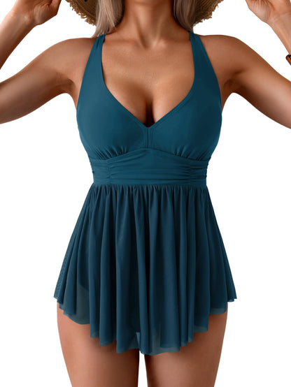 Women's One Piece Swim Dress Swimsuit Tummy Control Mesh Swimdress