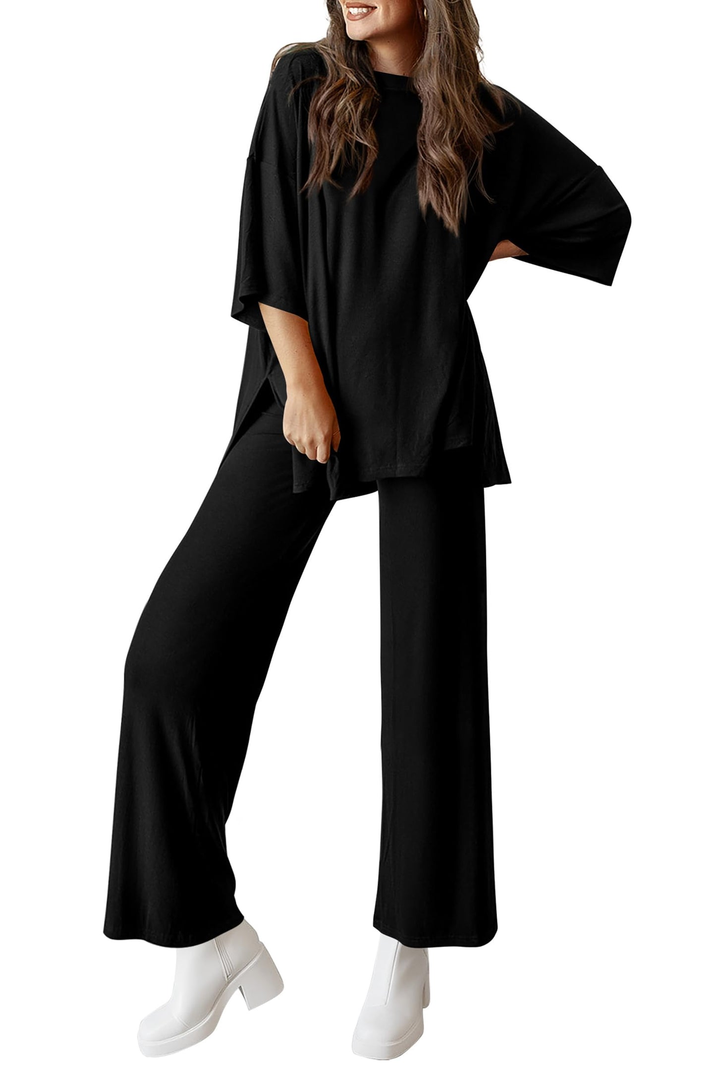Women's 2 Piece Outfits Casual Short Tops and Wide Leg Pants Lounge Sets