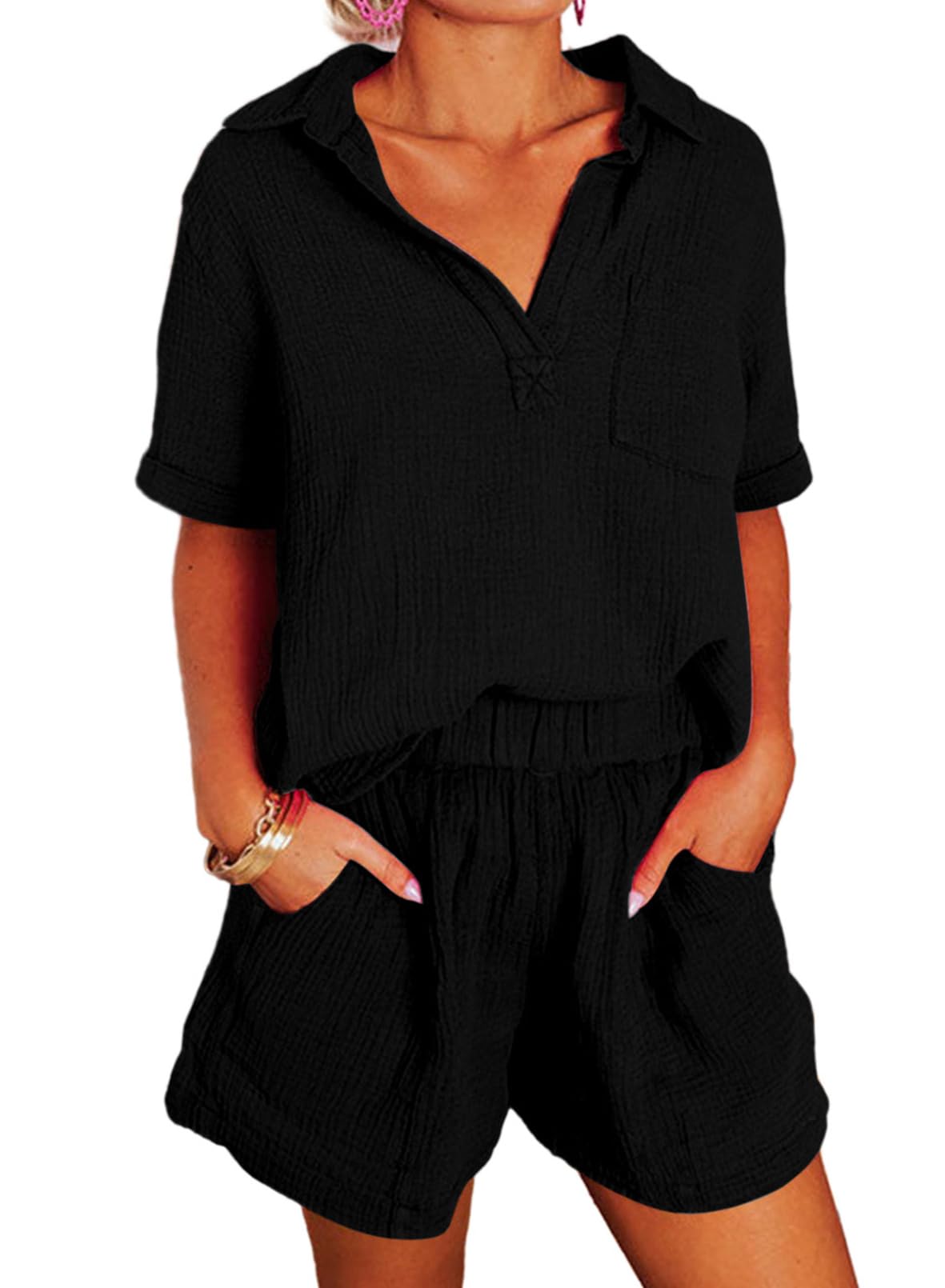 ✨Women's Two Piece Outfits V Neck Short Sleeve Shirts and High Waist Shorts Lounge Sets
