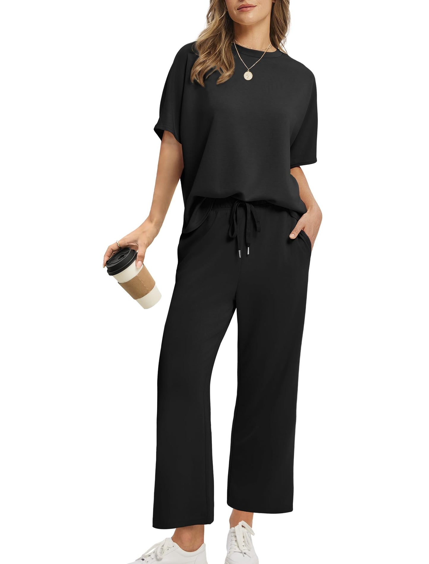 ⏰Hot Sale-Women Oversized Tshirt and Wide Leg Crop Pants 2 Piece Sets