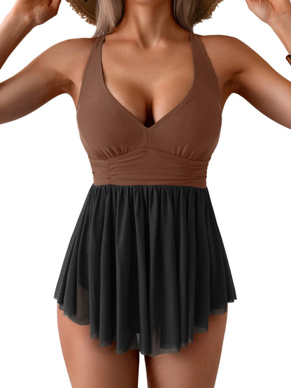 Women's One Piece Swim Dress Swimsuit Tummy Control Mesh Swimdress