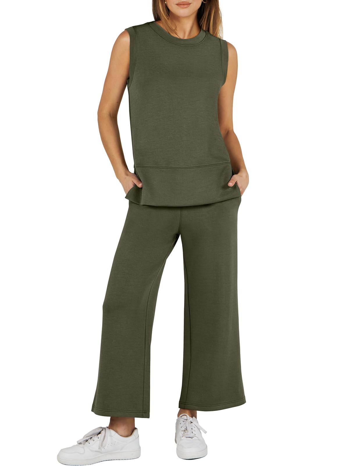 2024 SUMMER NEW Women's Sleeveless Slit Hem Wide Leg Suit Casual Two Piece Set