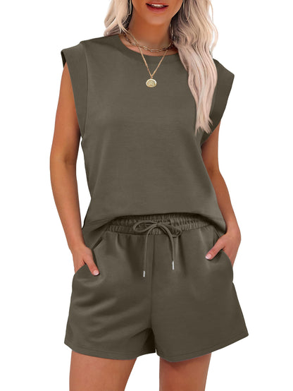 New Women's Cap Sleeve Crewneck Tops and Drawstring Short Outfits Two Piece Sets