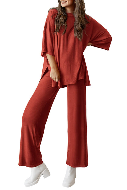 Women's 2 Piece Outfits Casual Short Tops and Wide Leg Pants Lounge Sets