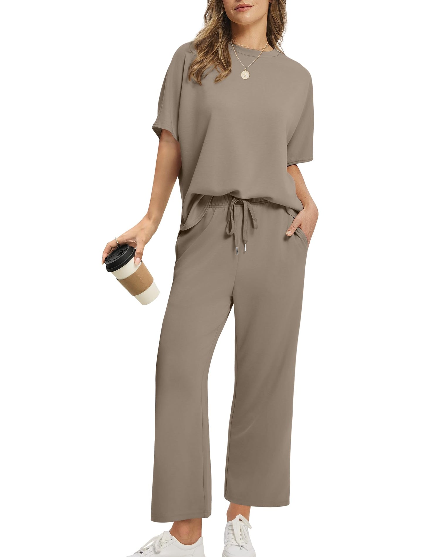 Loose Short Sleeve Top & High Waist Wide Leg Pants 2-Piece Summer Matching Set