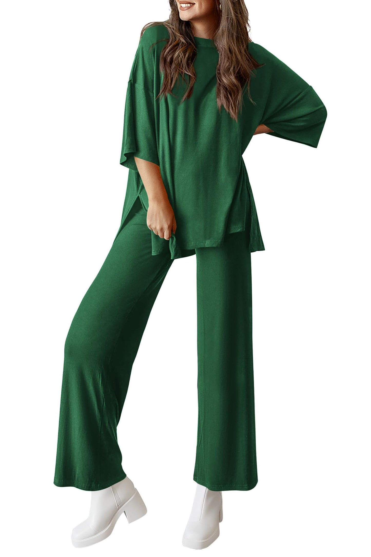 Women's 2 Piece Outfits Casual Short Tops and Wide Leg Pants Lounge Sets
