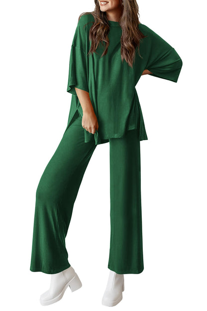Women's 2 Piece Outfits Casual Short Tops and Wide Leg Pants Lounge Sets