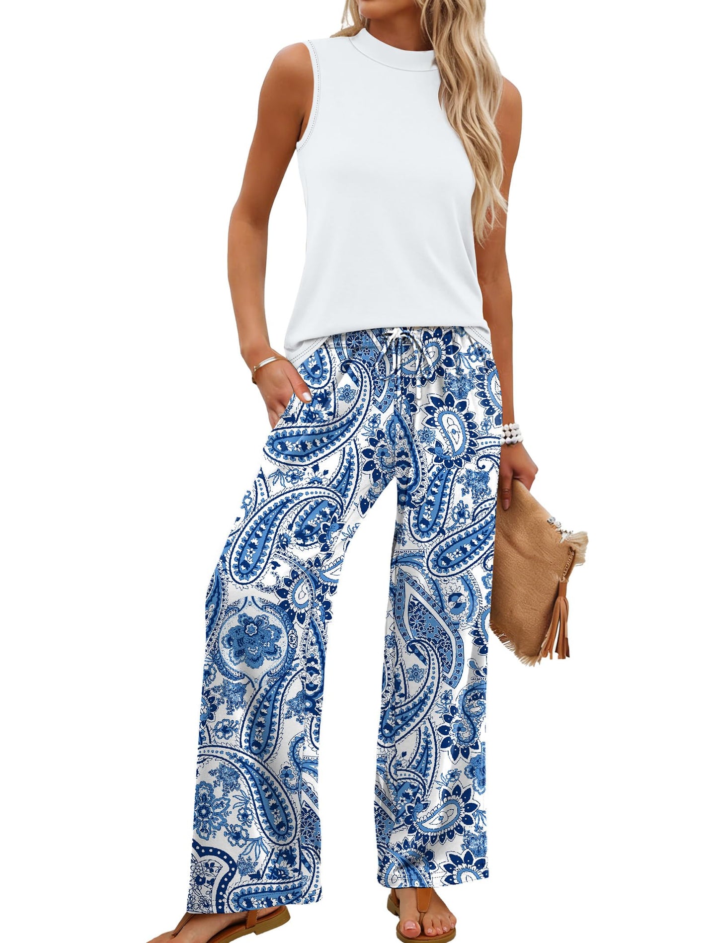 ⏰Hot Sale-Women Summer Spring Outfits Mock Neck Wide Leg Pants Two Piece Set