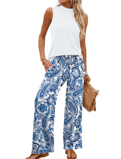 ⏰Hot Sale-Women Summer Spring Outfits Mock Neck Wide Leg Pants Two Piece Set